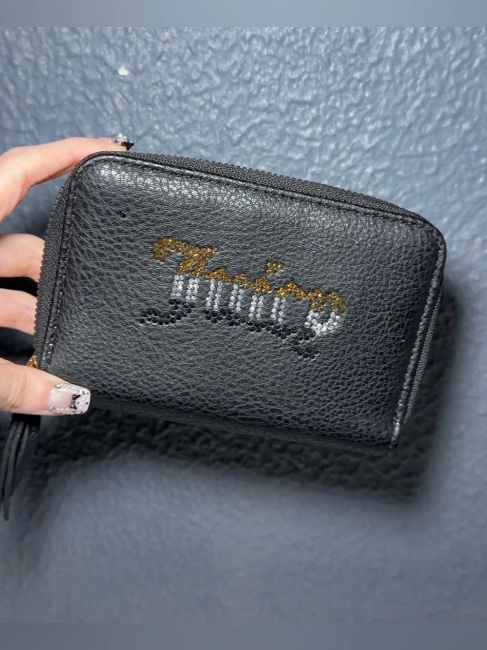 Juicy Couture Black Pebbled Zip Card Holder with Gold & Silver Logo